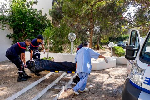 June 26, 2015: Doctors and firefighters remove the last bodies from the hotel’s indoor spa pool. Terrorist attack at a hotel in the Port El Kantaoui tourist area north of Sousse. A young Tunisian terrorist opened fire for nearly half an hour on tourists, from the hotel beach all the way to the reception area, leaving a preliminary death toll of 39 among tourists and Tunisian employees, before being shot dead by security forces. The Tunisian Ministry of Health states that among the injured are people of British, Belgian, German, and Norwegian nationalities, among others.