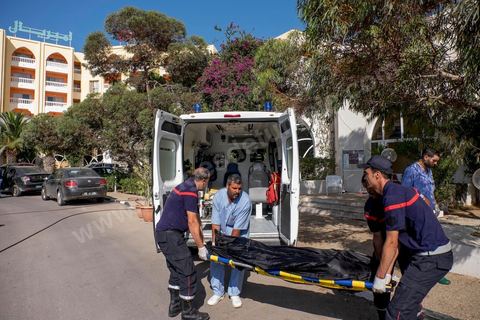 June 26, 2015: Doctors and firefighters remove the last bodies from the hotel’s indoor spa pool. Terrorist attack at a hotel in the Port El Kantaoui tourist area north of Sousse. A young Tunisian terrorist opened fire for nearly half an hour on tourists, from the hotel beach all the way to the reception area, leaving a preliminary death toll of 39 among tourists and Tunisian employees, before being shot dead by security forces. The Tunisian Ministry of Health states that among the injured are people of British, Belgian, German, and Norwegian nationalities, among others.