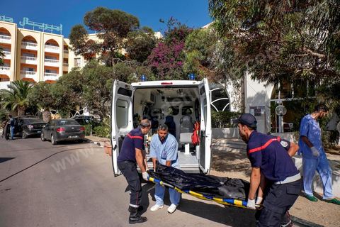 June 26, 2015: Doctors and firefighters remove the last bodies from the hotel’s indoor spa pool. Terrorist attack at a hotel in the Port El Kantaoui tourist area north of Sousse. A young Tunisian terrorist opened fire for nearly half an hour on tourists, from the hotel beach all the way to the reception area, leaving a preliminary death toll of 39 among tourists and Tunisian employees, before being shot dead by security forces. The Tunisian Ministry of Health states that among the injured are people of British, Belgian, German, and Norwegian nationalities, among others.