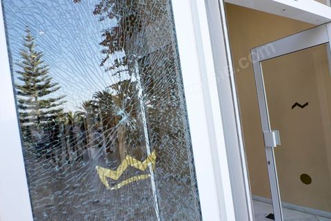 June 26, 2015: Bullet holes in the doors leading to the hotel reception area. A terrorist attack at a hotel in the tourist area of Port El Kantaoui, north of Sousse. A young Tunisian terrorist opened fire for nearly half an hour on tourists, from the hotel beach all the way to the reception area, resulting in a preliminary death toll of 39 among tourists and Tunisian employees, before being shot dead by law enforcement. The Tunisian Ministry of Health states that among the injured are people of British, Belgian, German, and Norwegian nationalities, among others.