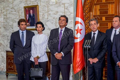 20 juillet 2015 : Point de presse suite à la rencontre au Palais présidentiel de Carthage entre Beji Caïd Essebsi, présidentd e la république tunisienne et Nicolas Sarkozy accompagné d'une délégation du parti Les Républicains. Visite de Nicolas Sarkozy en Tunisie à titre de Président du Pparti Les Républicains.