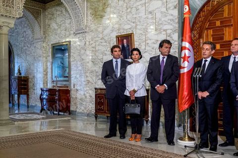 20 juillet 2015 : Point de presse suite à la rencontre au Palais présidentiel de Carthage entre Beji Caïd Essebsi, présidentd e la république tunisienne et Nicolas Sarkozy accompagné d'une délégation du parti Les Républicains. Visite de Nicolas Sarkozy en Tunisie à titre de Président du Pparti Les Républicains.