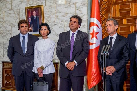 20 juillet 2015 : Point de presse suite à la rencontre au Palais présidentiel de Carthage entre Beji Caïd Essebsi, présidentd e la république tunisienne et Nicolas Sarkozy accompagné d'une délégation du parti Les Républicains. Visite de Nicolas Sarkozy en Tunisie à titre de Président du Pparti Les Républicains.