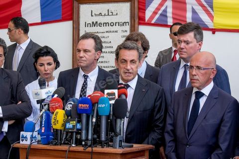 20 juillet 2015 : Point de presse devant le musée du Bardo de Nicolas Sarkozy. Visite de Nicolas Sarkozy en Tunisie à titre de Président du Pparti Les Républicains.