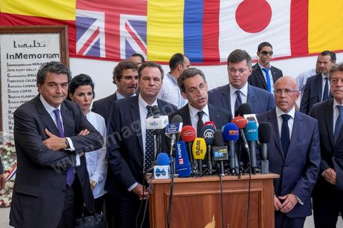 20 juillet 2015 : Point de presse devant le musée du Bardo de Nicolas Sarkozy. Visite de Nicolas Sarkozy en Tunisie à titre de Président du Pparti Les Républicains.