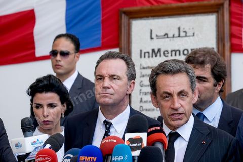 20 juillet 2015 : Point de presse devant le musée du Bardo de Nicolas Sarkozy. Visite de Nicolas Sarkozy en Tunisie à titre de Président du Pparti Les Républicains.