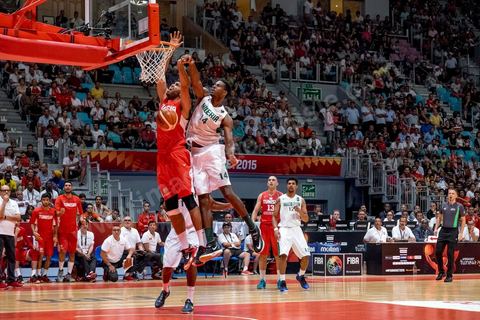 August 23, 2015: Hamdi Braa scores a basket during Tunisia's final group-stage game against Nigeria at AfroBasket Tunisia 2015. Tunisia won (70-59) and finished first in its group.