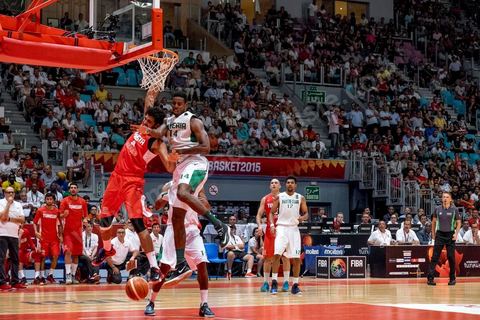 August 23, 2015: Hamdi Braa scores a basket during Tunisia's final group-stage game against Nigeria at AfroBasket Tunisia 2015. Tunisia won (70-59) and finished first in its group.