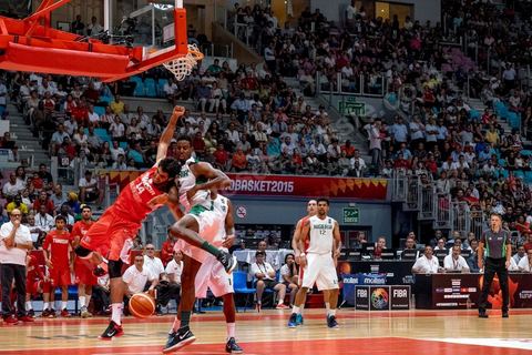 August 23, 2015: Hamdi Braa scores a basket during Tunisia's final group-stage game against Nigeria at AfroBasket Tunisia 2015. Tunisia won (70-59) and finished first in its group.
