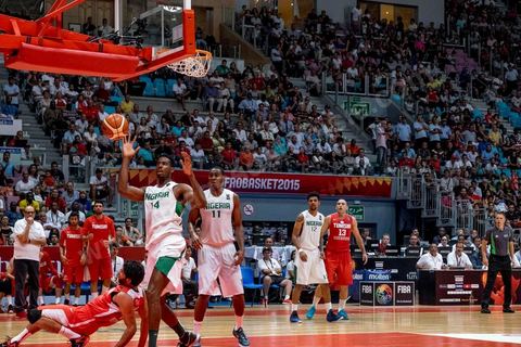 August 23, 2015: Hamdi Braa scores a basket during Tunisia's final group-stage game against Nigeria at AfroBasket Tunisia 2015. Tunisia won (70-59) and finished first in its group.