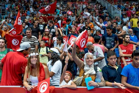 August 23, 2015: The crowd at the Radès Stadium was very enthusiastic and fervently supported their national team during Tunisia’s final group stage game against Nigeria at AfroBasket Tunisia 2015. Tunisia won (70–59) and finished first in its group.