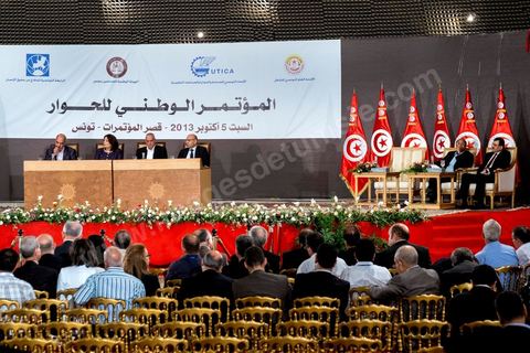 October 5, 2013: The three presidents—Ali Larayedh, head of government, Moncef Marzouki, President of the Republic, and Mustapha Ben Jaafar, President of the National Constituent Assembly (NCA), at the Tunis Convention Center for the launch of the National Dialogue, in the presence of the three presidents and supervised by Houcine Abassi, Secretary General of the UGTT, Wided Bouchamaoui, President of the UTICA; Mohamed Fadhel Mahfoudh, President of the National Bar Association; and Abdelssattar Ben Moussa, President of the National League for Human Rights. Four weeks of negotiations on the roadmap, which calls for the formation of a non-partisan government and the adoption of an election schedule by the end of the month.