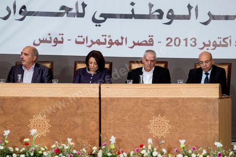 October 5, 2013: At the Tunis Convention Center for the launch of the National Dialogue, attended by the three presidents and overseen by Houcine Abassi, Secretary General of the UGTT, Wided Bouchamaoui, President of UTICA; Mohamed Fadhel Mahfoudh, President of the National Bar Association; and Abdelssattar Ben Moussa, President of the National League for Human Rights. Four weeks of negotiations on the roadmap, which calls for the formation of a non-partisan government and the adoption of an election schedule by the end of the month.