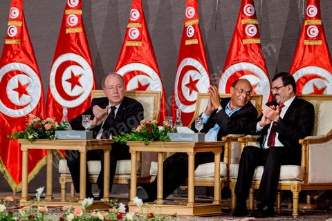 October 5, 2013: The three presidents—Ali Larayedh, head of government, Moncef Marzouki, President of the Republic, and Mustapha Ben Jaafar, President of the National Constituent Assembly (NCA), at the Tunis Convention Center for the launch of the National Dialogue, in the presence of the three presidents and supervised by Houcine Abassi, Secretary General of the UGTT, Wided Bouchamaoui, President of the UTICA; Mohamed Fadhel Mahfoudh, President of the National Bar Association; and Abdelssattar Ben Moussa, President of the National League for Human Rights. Four weeks of negotiations on the roadmap, which calls for the formation of a non-partisan government and the adoption of an election schedule by the end of the month.