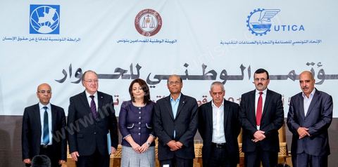 October 5, 2013: The three presidents—Ali Larayedh, head of government, Moncef Marzouki, President of the Republic, and Mustapha Ben Jaafar, President of the National Constituent Assembly (NCA), at the Tunis Convention Center for the launch of the National Dialogue, in the presence of the three presidents and supervised by Houcine Abassi, Secretary General of the UGTT, Wided Bouchamaoui, President of the UTICA; Mohamed Fadhel Mahfoudh, President of the National Bar Association; and Abdelssattar Ben Moussa, President of the National League for Human Rights. Four weeks of negotiations on the roadmap, which calls for the formation of a non-partisan government and the adoption of an election schedule by the end of the month.