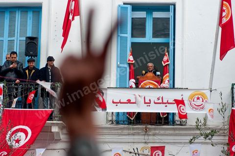 Houcine ABBASSI, General Secretary of the UGTT (General Union of Tunisian Workers), a labor union and member of the Tunisian National Dialogue Quartet, which was awarded the 2015 Nobel Peace Prize on October 9, 2015.  On January 14, 2012, the new Secretary General of the UGTT delivered a speech at the union’s historic headquarters. 