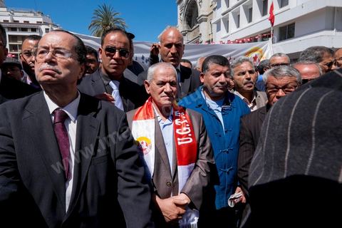 Houcine ABBASSI, Secretary General of the UGTT (General Union of Tunisian Workers), a labor union and member of the Tunisian National Dialogue Quartet, which was awarded the 2015 Nobel Peace Prize on October 9, 2015. May 1, 2014: Houcine Abassi, General Secretary of the UGTT, leads the march organized by the UGTT and the far left to commemorate Labor Day in Tunis, from the historic Mohamed Ali Square to Habib Bourguiba Avenue.