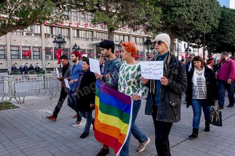 14 janvier 2016 : quelques dizaines de membres de l'association Shams, dont la femen Amina, sont venus manifester pour la dépénalisation de l'homosexualité, encadré par la police ils ont du être evacués de l'avenue après avoir été verbalement agressé pour un grand nombre de jeunes. Commémoration populaire du 5ème anniversaire de la révolution sur l'avenue Habib Bourguiba à Tunis. Dans un climat morose quelques milliers de personnes sont venus manifester leurs diversités dans une Tunisie en plein marasme politique et économique. Familles de Martyrs, policiers, partis politiques et mouvances religieuses, hotesse de l'air, Shams, chomeurs diplomés, ... c'est un vrai patchwork de révendications qui ont défilé face à des tunisiens venus se promener sur l'avenue en cette journée ensoleillée.