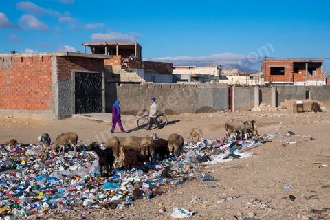 January 22, 2016: Between the famous working-class and revolutionary neighborhoods of Ezzouhour and Ennour on the hills above Kasserine, the neighborhoods continue to grow in a haphazard manner. The Karma neighborhood is one of the most deprived; its residents live amid piles of trash, and some are still waiting to be connected to the water supply. In the distance, Mount Chambi dominates the horizon, serving as a reminder of the presence and danger of terrorism.