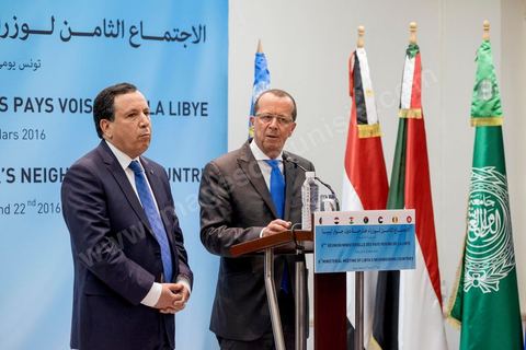 March 22, 2016: Press conference by Tunisian Foreign Minister Khemaies Jhinaoui and the United Nations Secretary-General’s Special Envoy for Libya, Martin Kobler, following two days of deliberations at the 8th Ministerial Meeting of Libya’s Neighboring Countries in Tunis. Mr. Jhinaoui emphasized that the control of certain regions of Libya by terrorist organizations was a source of “extreme concern.” It is therefore imperative to “accelerate” the Presidential Council of the Government of National Accord taking office so that it can begin its mission to combat terrorism, he added. For his part, Kobler assessed that the political process in Libya was “precarious” because some members of parliament had abstained from voting on the Government of National Accord, in addition to statements by certain parties regarding their intention to prevent this government from entering the capital to assume office.