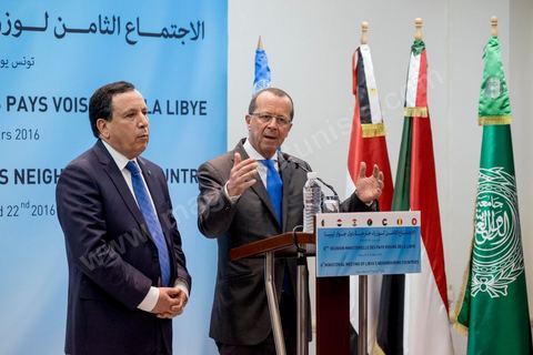 March 22, 2016: Press conference by Tunisian Foreign Minister Khemaies Jhinaoui and the United Nations Secretary-General’s Special Envoy for Libya, Martin Kobler, following two days of deliberations at the 8th Ministerial Meeting of Libya’s Neighboring Countries in Tunis. Mr. Jhinaoui emphasized that the control of certain regions of Libya by terrorist organizations was a source of “extreme concern.” It is therefore imperative to “accelerate” the Presidential Council of the Government of National Accord taking office so that it can begin its mission to combat terrorism, he added. For his part, Kobler assessed that the political process in Libya was “precarious” because some members of parliament had abstained from voting on the Government of National Accord, in addition to statements by certain parties regarding their intention to prevent this government from entering the capital to assume office.