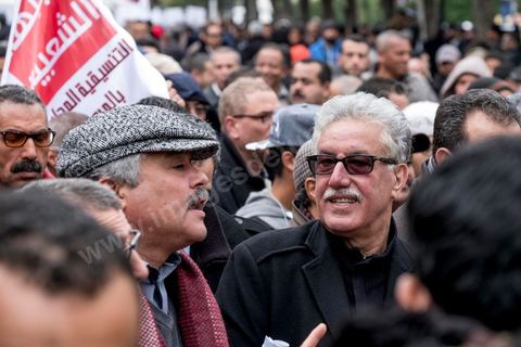 14 janvier 2017 :  Manifestation du Front Populaire avec son leader Hamma Hammami. Les tunisiens fêtent dans une certaine morosité le 6ème anniversaire de la Révolution sur l'avenue Habib Bourguiba à Tunis. Peu de responsables politiques et d'organisations ont célébré samedi en Tunisie le 6e anniversaire de la révolution du 14 janvier 2011, alors qu'un certain désenchantement se manifeste à travers le pays.