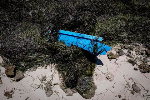 11 juin 2017 : Sur la plage de Ras Lemssa, au sud de Zarzis, où plusierus corps ont été retrouvés la semaine passé, les restes des gilets de sauvetage, blousons, chaussuers et autres habits des migrants sont nombreux. A Zarzis, sur le littoral tunisien, frontalier de la Libye, Chemseddine Marzoug, ancien pêcheur au chomage, offre bénévolement depuis 10 ans une sépulture de sable aux noyés de la Méditerranée. Bénévoles pour le croissant rouge tunisien Chemseddine et son collègue Mohamed Trabelsi enterrent depuis 10 ans les corps des migrants trouvés en mer ou échoués sur les plages du sud tunisien dans un cimetière improvisé dans une décharge municipale. En cette saison de printemps, les morts sont très nombreux 27 corps ont été repêchés ce dernier mois. 