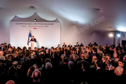 31 janvier 2018 : Emmanuel Macron rencontre la communauté française à la Résidence de l'Ambassade de France à la Marsa dans le cadre de la visite d'Etat du Président français en Tunisie.