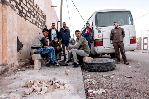 January 19, 2018: In the center of the El Borj neighborhood in Mdhilla, young unemployed college graduates have been staging a sit-in for several weeks, blocking CPG/GCT buses and demanding jobs. 