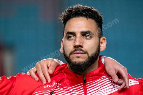 23 mars 2018 :  Dylan Bronn. Match de football amical entre la Tunisie et l'Iran en vue de la préparation à la coupe du monde de football en Russie en juin 2018. match au stade de Radès, banlieue sud de Tunis, avec près de 4000 spectateurs et sous une pluie intensive, la Tunisie remporte le match 1 à 0. 