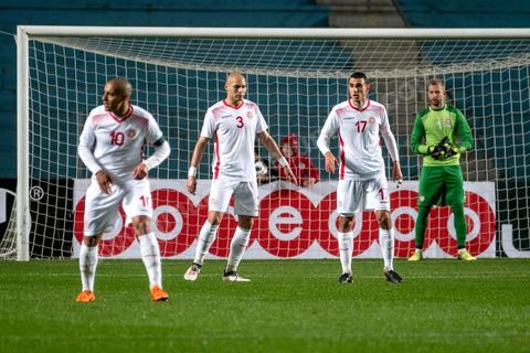 23 mars 2018 : Match de football amical entre la Tunisie et l'Iran en vue de la préparation à la coupe du monde de football en Russie en juin 2018. match au stade de Radès, banlieue sud de Tunis, avec près de 4000 spectateurs et sous une pluie intensive, la Tunisie remporte le match 1 à 0. 