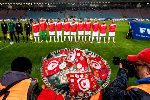 23 mars 2018 : Match de football amical entre la Tunisie et l'Iran en vue de la préparation à la coupe du monde de football en Russie en juin 2018. match au stade de Radès, banlieue sud de Tunis, avec près de 4000 spectateurs et sous une pluie intensive, la Tunisie remporte le match 1 à 0. 