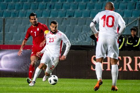 23 mars 2018 : Match de football amical entre la Tunisie et l'Iran en vue de la préparation à la coupe du monde de football en Russie en juin 2018. match au stade de Radès, banlieue sud de Tunis, avec près de 4000 spectateurs et sous une pluie intensive, la Tunisie remporte le match 1 à 0. 