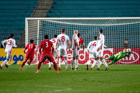 23 mars 2018 : Match de football amical entre la Tunisie et l'Iran en vue de la préparation à la coupe du monde de football en Russie en juin 2018. match au stade de Radès, banlieue sud de Tunis, avec près de 4000 spectateurs et sous une pluie intensive, la Tunisie remporte le match 1 à 0. 