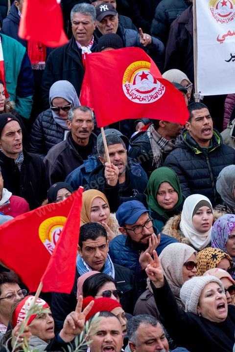 14 janvier 2019 : 8ème anniversaire de la révolution, place Med Ali au siège historique de l'UGTT, Noureddine Taboubi, secrétaire général fait au balcon de son bureau son discours à près d'un millier de syndicalistes. Suivi ensuite de l'interview dans son bureau.