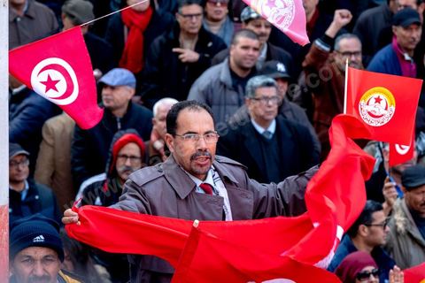 14 janvier 2019 : 8ème anniversaire de la révolution, place Med Ali au siège historique de l'UGTT, Noureddine Taboubi, secrétaire général fait au balcon de son bureau son discours à près d'un millier de syndicalistes. Suivi ensuite de l'interview dans son bureau.