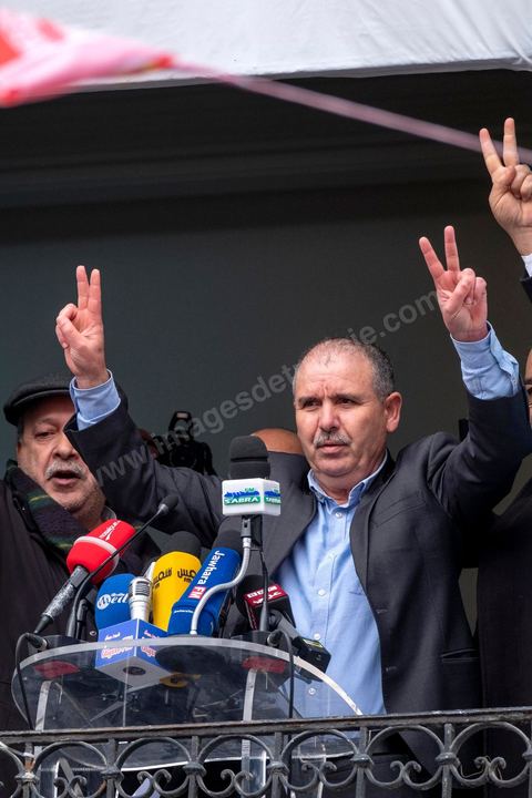 14 janvier 2019 : 8ème anniversaire de la révolution, place Med Ali au siège historique de l'UGTT, Noureddine Taboubi, secrétaire général fait au balcon de son bureau son discours à près d'un millier de syndicalistes. Suivi ensuite de l'interview dans son bureau.