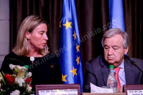 30 mars 2019 : Federica Mogherini à la coférence de presse suite à la réunion du quartet sur la Libye Tunis pour le sommet de la Ligue Arabe. En présence de Federica Mogherini, HRV/VP de l’UE, Moussa Faki, président commission Union Africaine, Antonio Guterres, secrétaire général ONU et Ahmed Aboul Gheit, secrétaire Général de la ligue arabe.