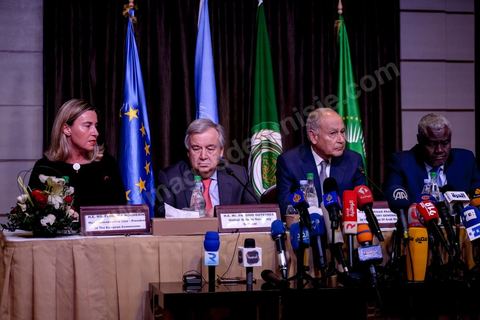 30 mars 2019 : Federica Mogherini à la coférence de presse suite à la réunion du quartet sur la Libye Tunis pour le sommet de la Ligue Arabe. En présence de Federica Mogherini, HRV/VP de l’UE, Moussa Faki, président commission Union Africaine, Antonio Guterres, secrétaire général ONU et Ahmed Aboul Gheit, secrétaire Général de la ligue arabe.