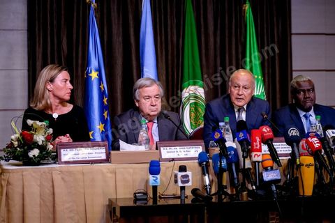 30 mars 2019 : Federica Mogherini à la coférence de presse suite à la réunion du quartet sur la Libye Tunis pour le sommet de la Ligue Arabe. En présence de Federica Mogherini, HRV/VP de l’UE, Moussa Faki, président commission Union Africaine, Antonio Guterres, secrétaire général ONU et Ahmed Aboul Gheit, secrétaire Général de la ligue arabe.