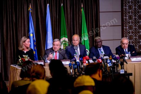30 mars 2019 : Federica Mogherini à la coférence de presse suite à la réunion du quartet sur la Libye Tunis pour le sommet de la Ligue Arabe. En présence de Federica Mogherini, HRV/VP de l’UE, Moussa Faki, président commission Union Africaine, Antonio Guterres, secrétaire général ONU et Ahmed Aboul Gheit, secrétaire Général de la ligue arabe.