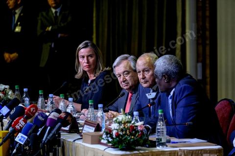 30 mars 2019 : Federica Mogherini à la coférence de presse suite à la réunion du quartet sur la Libye Tunis pour le sommet de la Ligue Arabe. En présence de Federica Mogherini, HRV/VP de l’UE, Moussa Faki, président commission Union Africaine, Antonio Guterres, secrétaire général ONU et Ahmed Aboul Gheit, secrétaire Général de la ligue arabe.