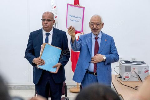 July 29, 2019: Rached Ghannouchi, president of the Ennahda Party, submitted his candidacy for the October 2019 legislative elections in the Tunis 1 district at the IRIE Tunis 1 office.