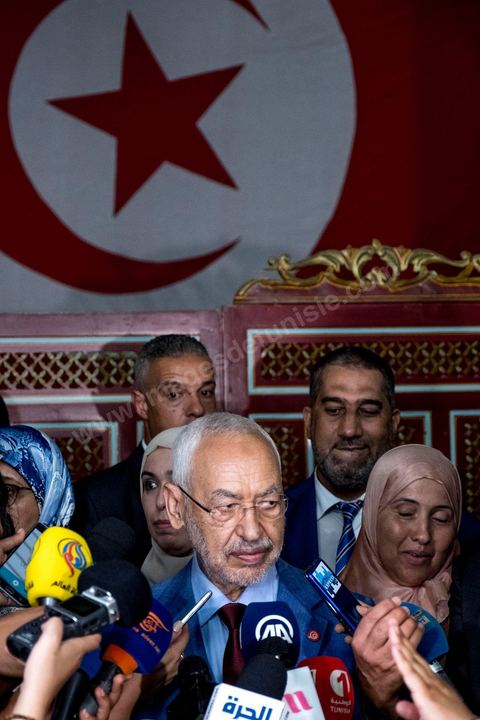July 29, 2019: Statement to the press by Rached Ghannouchi, president of the Ennahda Party, after submitting his candidacy for the October 2019 legislative elections in the Tunis 1 district at the IRIE Tunis 1 office.