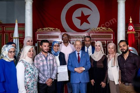 July 29, 2019: Rached Ghannouchi, president of the Ennahdha Party, introduced the candidates on his slate to the press after submitting his candidacy for the October 2019 legislative elections in the Tunis 1 district to the IRIE Tunis 1 office.