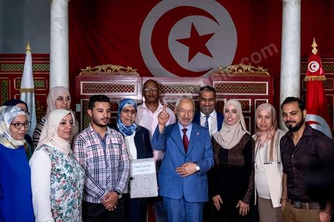 July 29, 2019: Rached Ghannouchi, president of the Ennahdha Party, introduced the candidates on his slate to the press after submitting his candidacy for the October 2019 legislative elections in the Tunis 1 district to the IRIE Tunis 1 office.