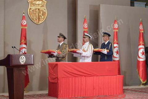 27 juillet 2019 : Cérémonie d'hommage au Président de la République tunisienne Béji Caid Essebsi, mort ce jeudi 25 juillet à 92 ans, au Palais de Carthage en présence de Emmanuel Macron, président français, du roi d'Espagne Philippe de Valois
