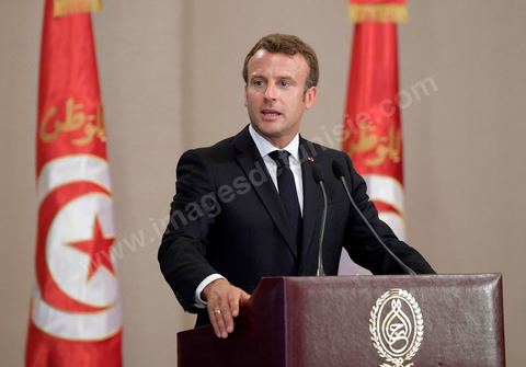 27 juillet 2019 : Allocution de Emmanuel Macron lors de la cérémonie d'hommage au Président de la République tunisienne Béji Caid Essebsi, mort ce jeudi 25 juillet à 92 ans, au Palais de Carthage en présence de Emmanuel Macron, président français, du roi d'Espagne Philippe de Valois