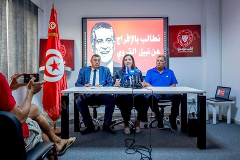 August 27, 2019: Press conference at the headquarters of the “Au coeur de la Tunisie” party, led by presidential candidate Nabil Karoui. This same candidate was arrested by police on Friday, August 23, in connection with legal proceedings and imprisoned, even though he had not been convicted by a court in a money laundering case. A press conference on Nabil Karoui’s situation was held by the party’s spokesperson, Samira Chaouchi, his lawyer, Riadh Elloumi, and one of his candidates for the legislative elections, Abdelaziz Belkhodja. 