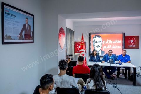 August 27, 2019: Press conference at the headquarters of the “Au coeur de la Tunisie” party, led by presidential candidate Nabil Karoui. This same candidate was arrested by police on Friday, August 23, in connection with legal proceedings and imprisoned, even though he had not been convicted by a court in a money laundering case. A press conference on Nabil Karoui’s situation was held by the party’s spokesperson, Samira Chaouchi, his lawyer, Riadh Elloumi, and one of his candidates for the legislative elections, Abdelaziz Belkhodja. 